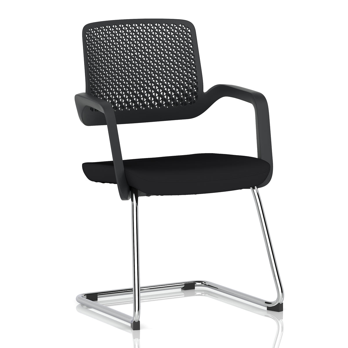 Black meeting room chair with metal frame on a white background