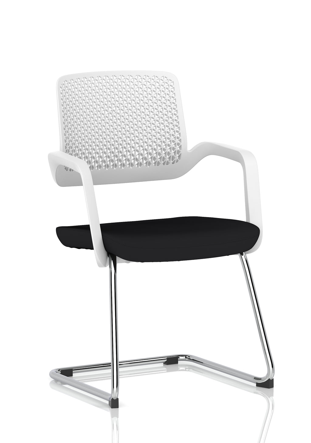 White meeting room chair with black seat and metal frame on a white background