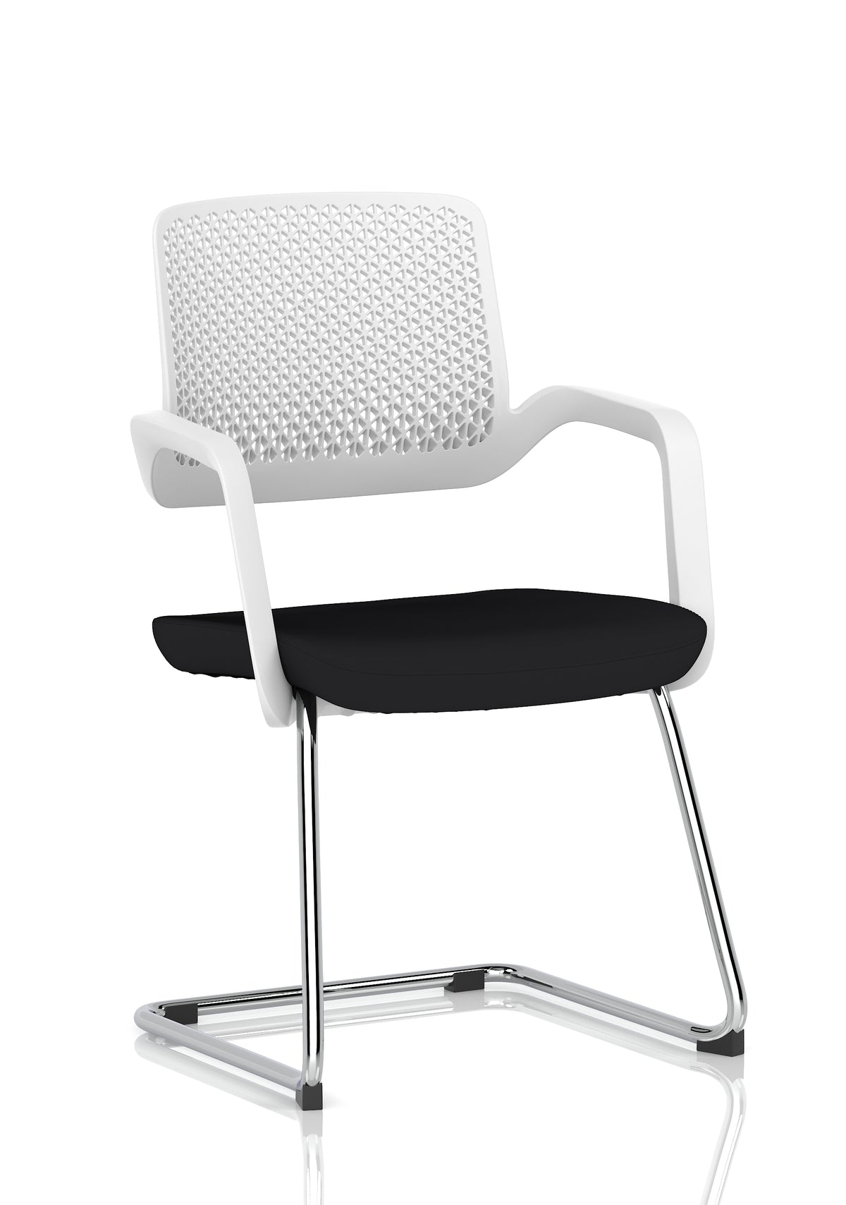 White meeting room chair with black seat and metal frame on a white background