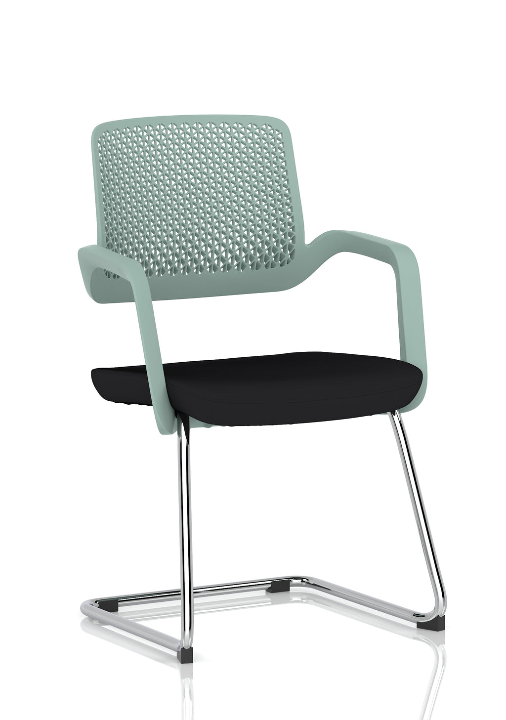 Green meeting room chair with black seat and metal frame on a white background