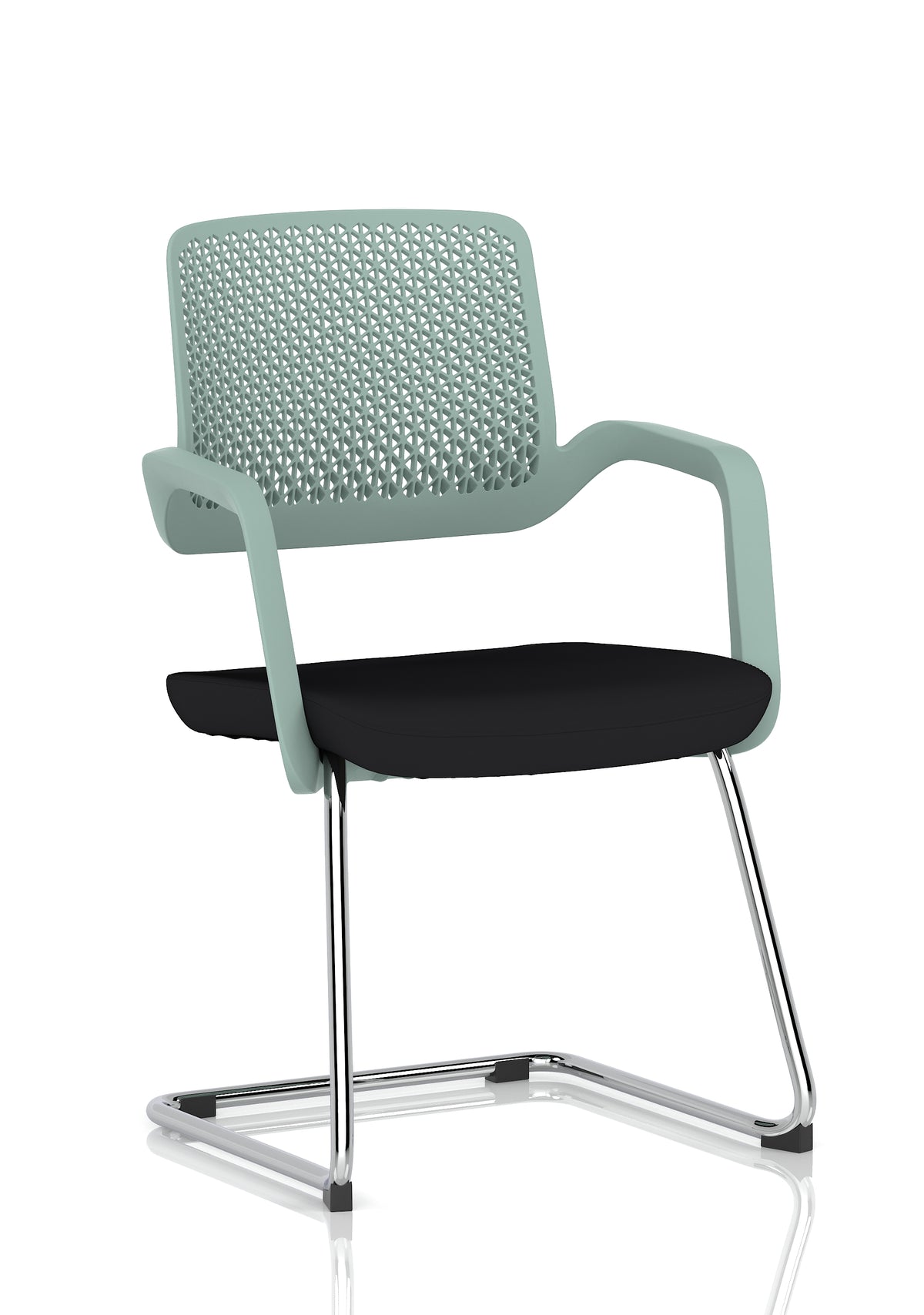 Green meeting room chair with black seat and metal frame on a white background