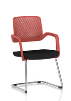 Red meeting room chair with black seat and metal frame on a white background