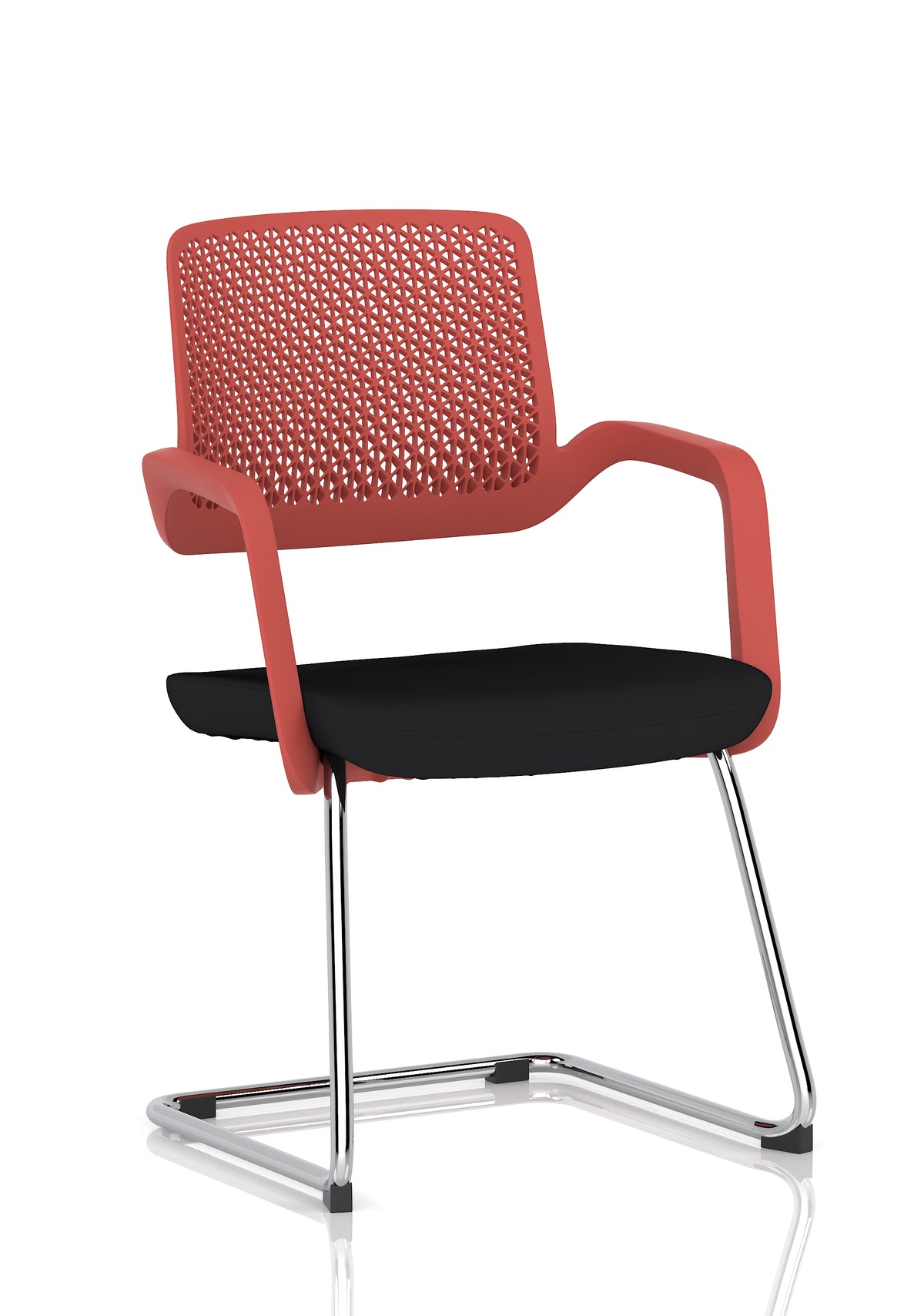 Red meeting room chair with black seat and metal frame on a white background