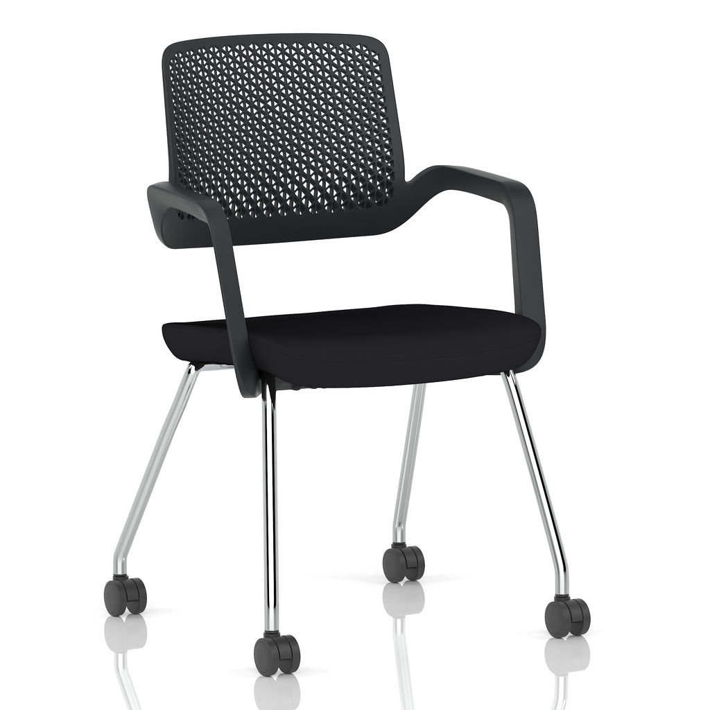Black boardroom chair with metal frame with castors, shown on a white background
