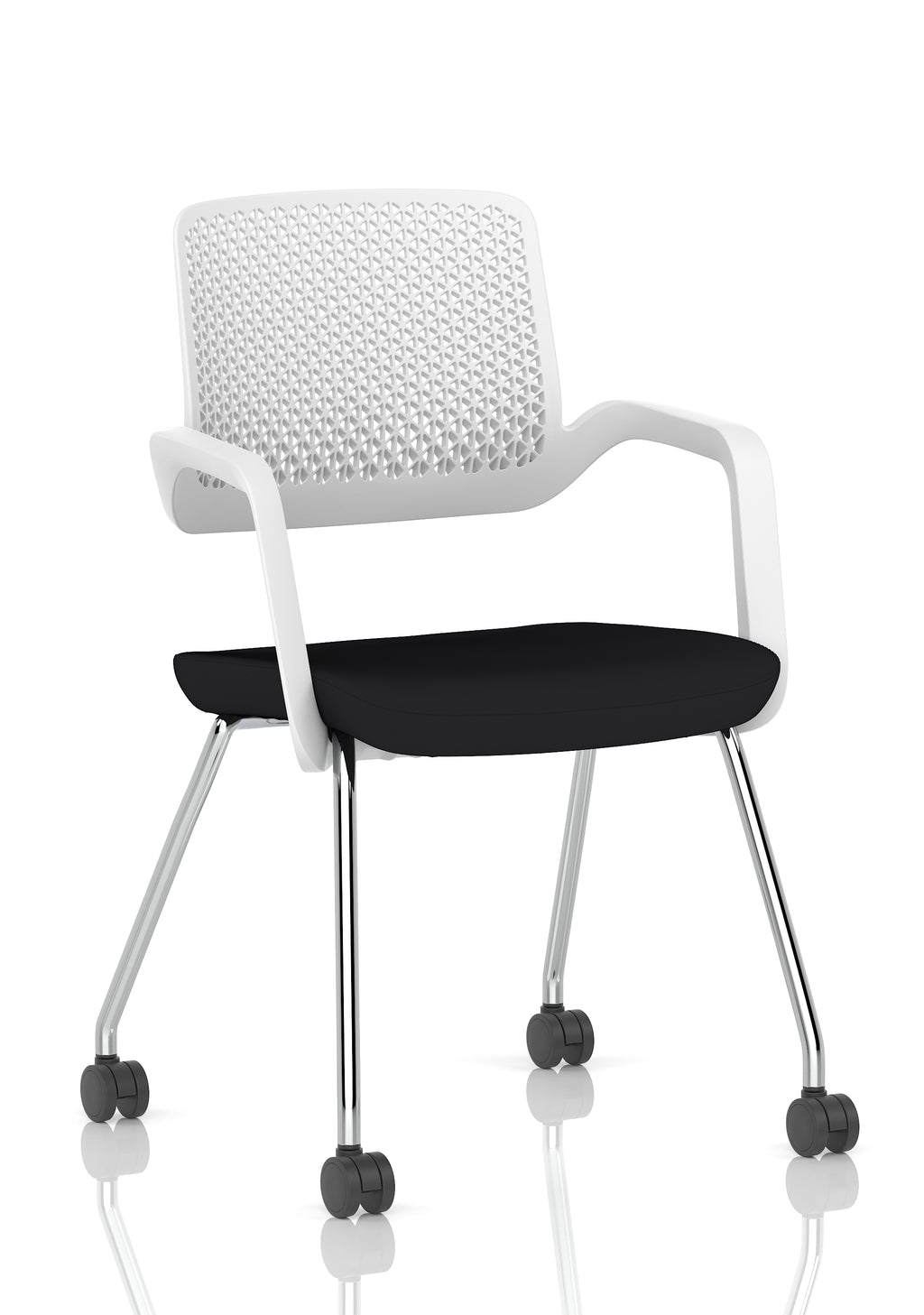 Boardroom chair with black seat and white backrest, metal frame with castors, shown on a white background