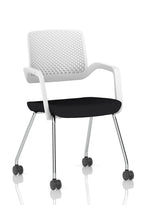Boardroom chair with black seat and white backrest, metal frame with castors, shown on a white background