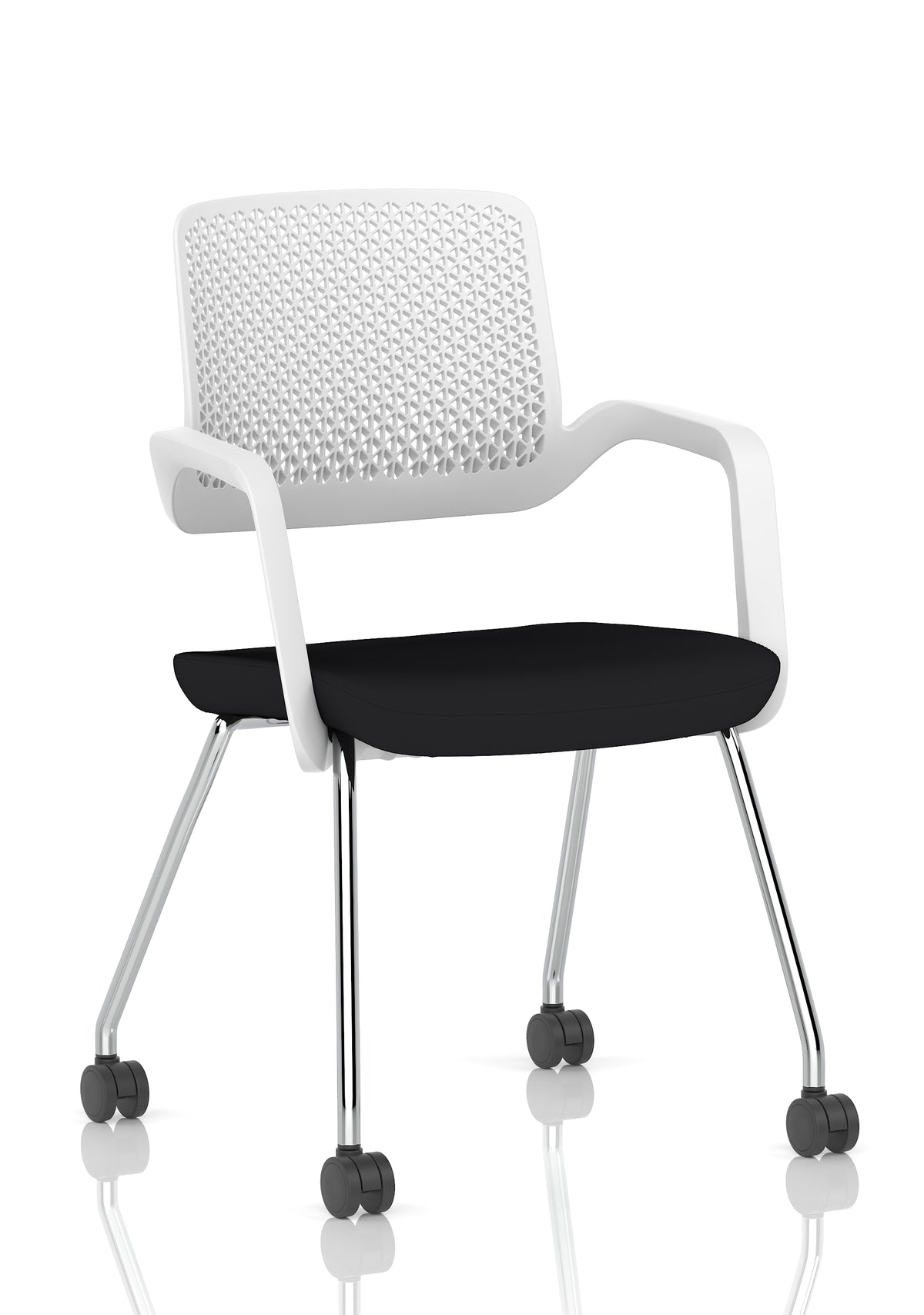 Boardroom chair with black seat and white backrest, metal frame with castors, shown on a white background