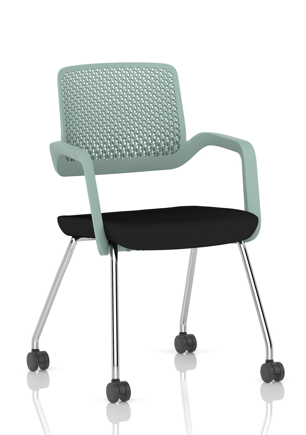 Boardroom chair with black seat and green backrest, metal frame with castors, shown on a white background