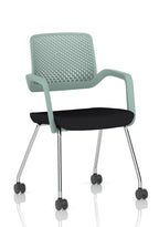 Boardroom chair with black seat and green backrest, metal frame with castors, shown on a white background