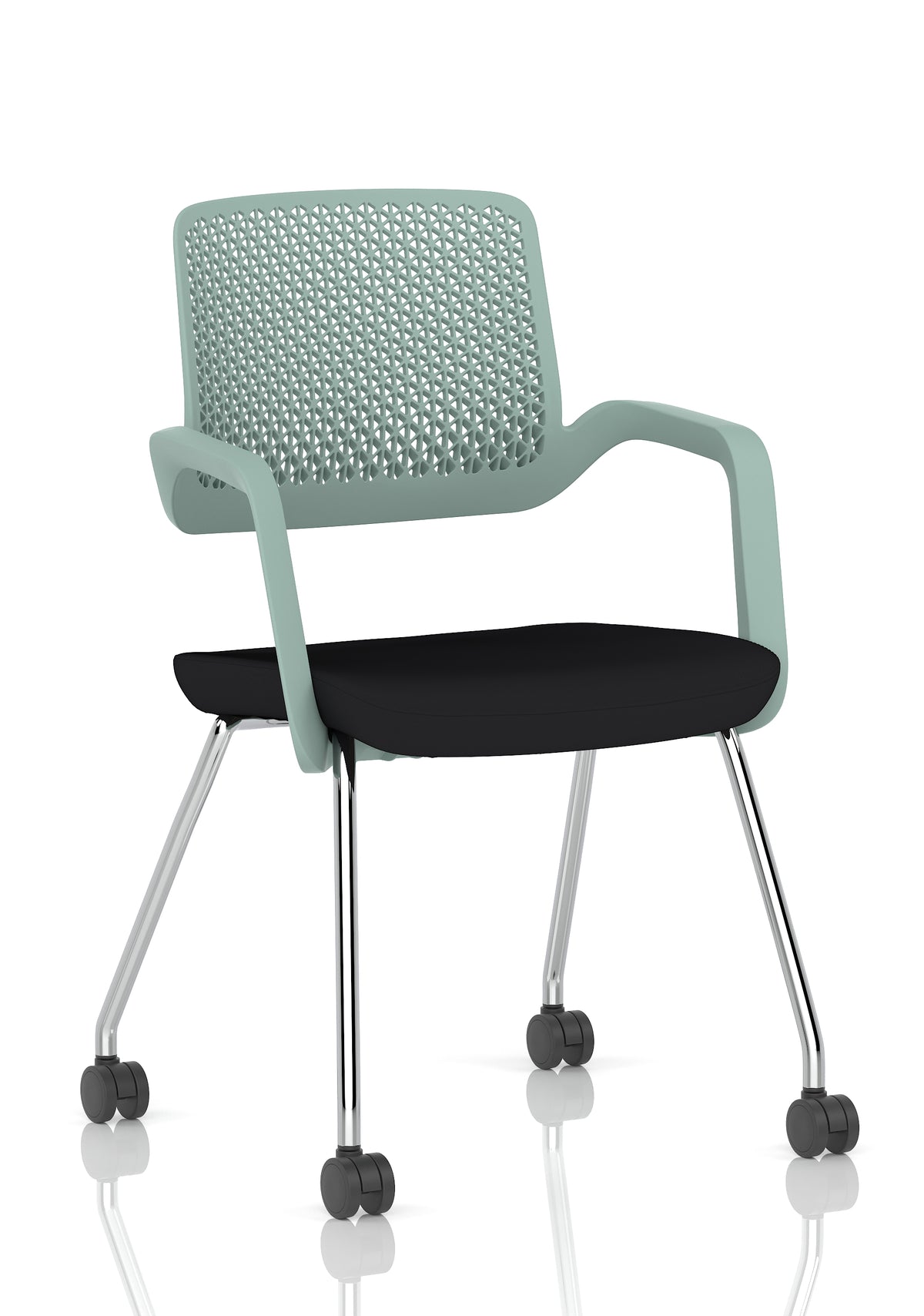 Boardroom chair with black seat and green backrest, metal frame with castors, shown on a white background