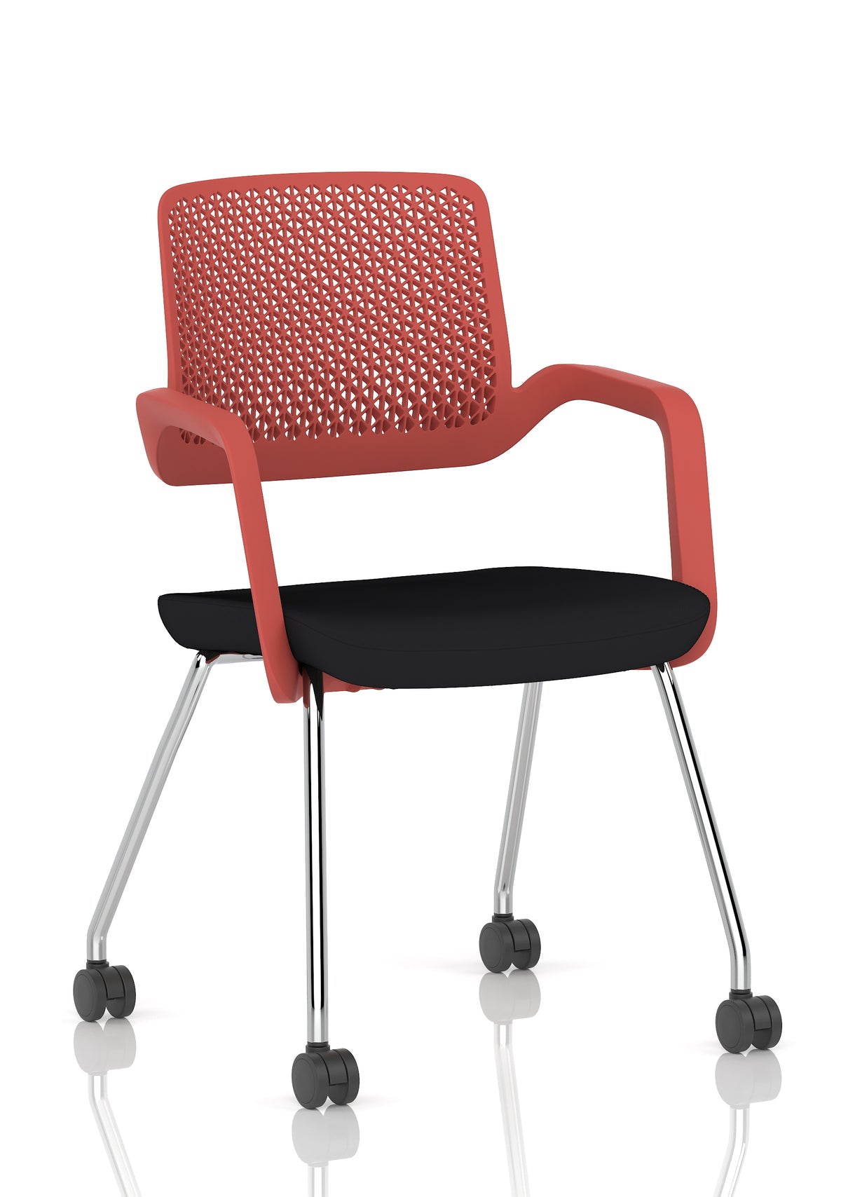Boardroom chair with black seat and red backrest, metal frame with castors, shown on a white background