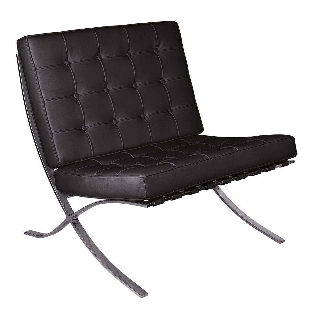 Black leather chair with metal frame on a white background