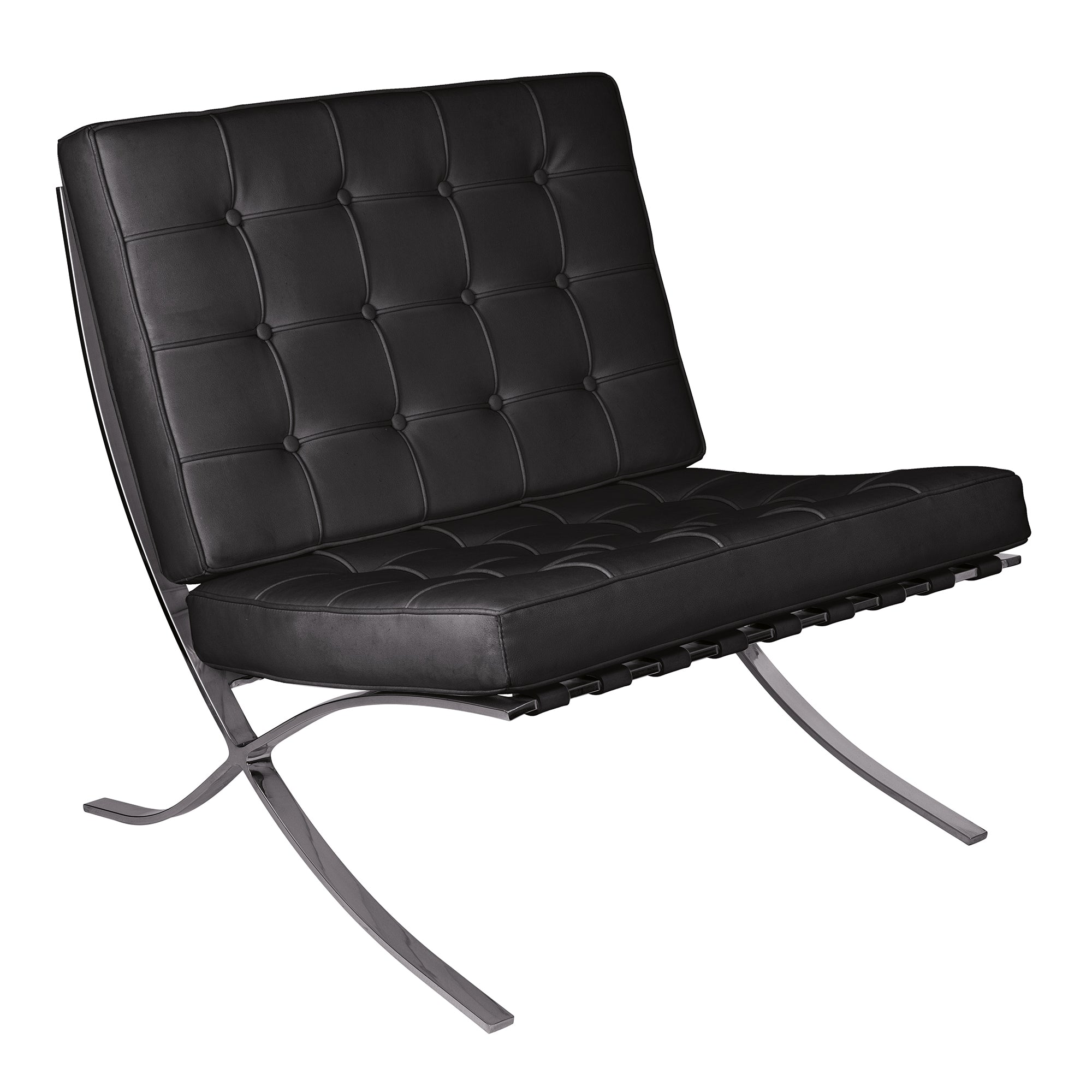 Black leather chair with metal frame on a white background