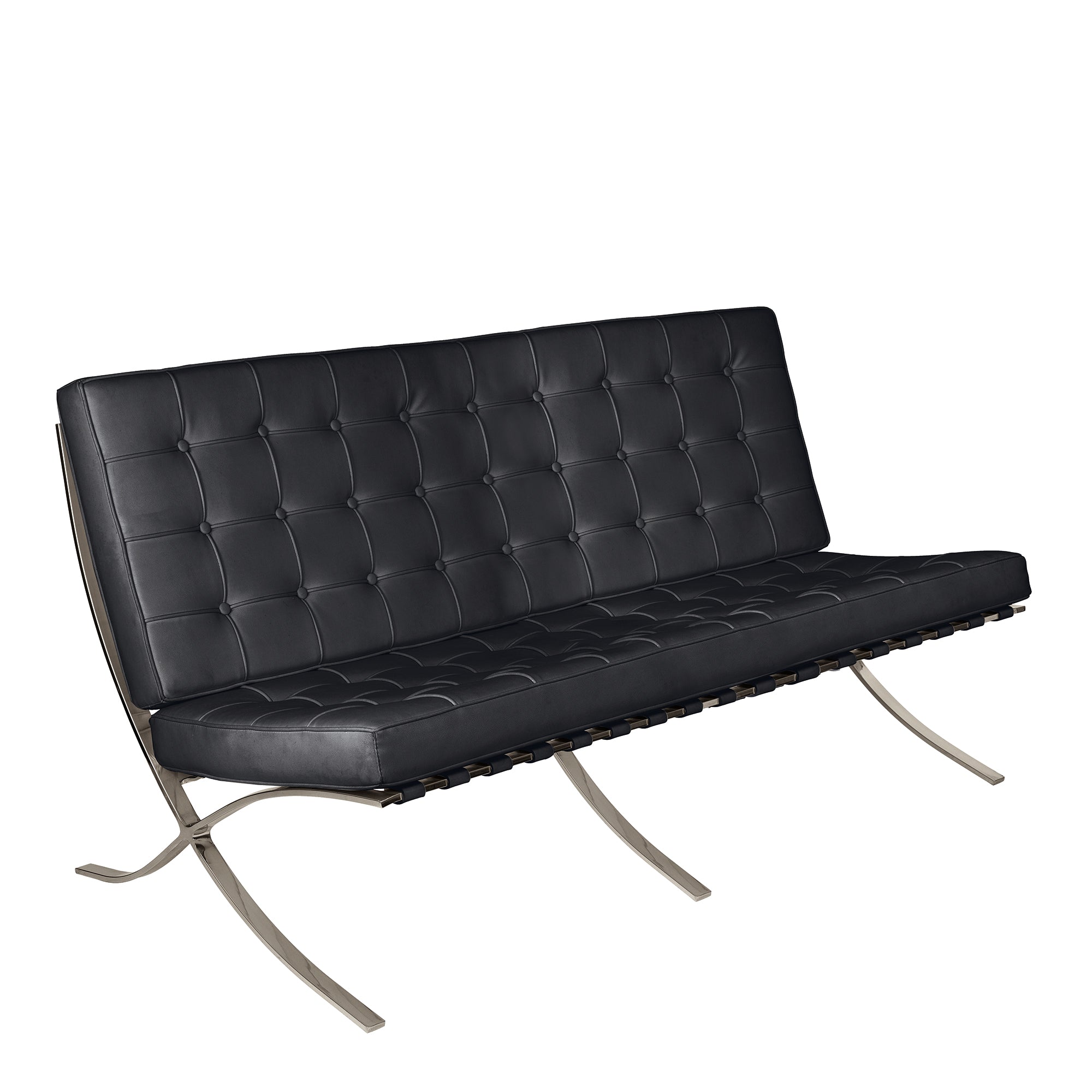 Black leather sofa with metal frame on a white background
