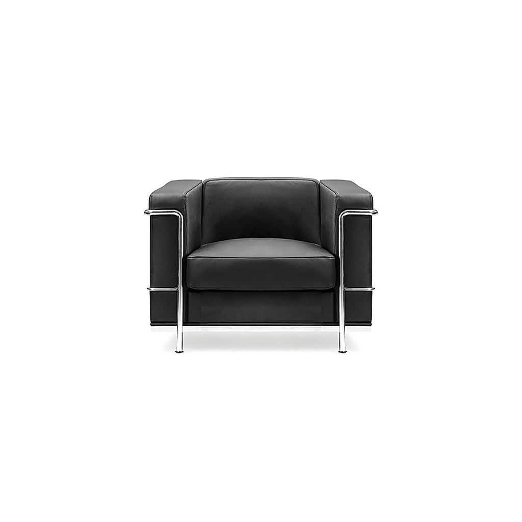 Black leather armchair with chrome frame on a white background