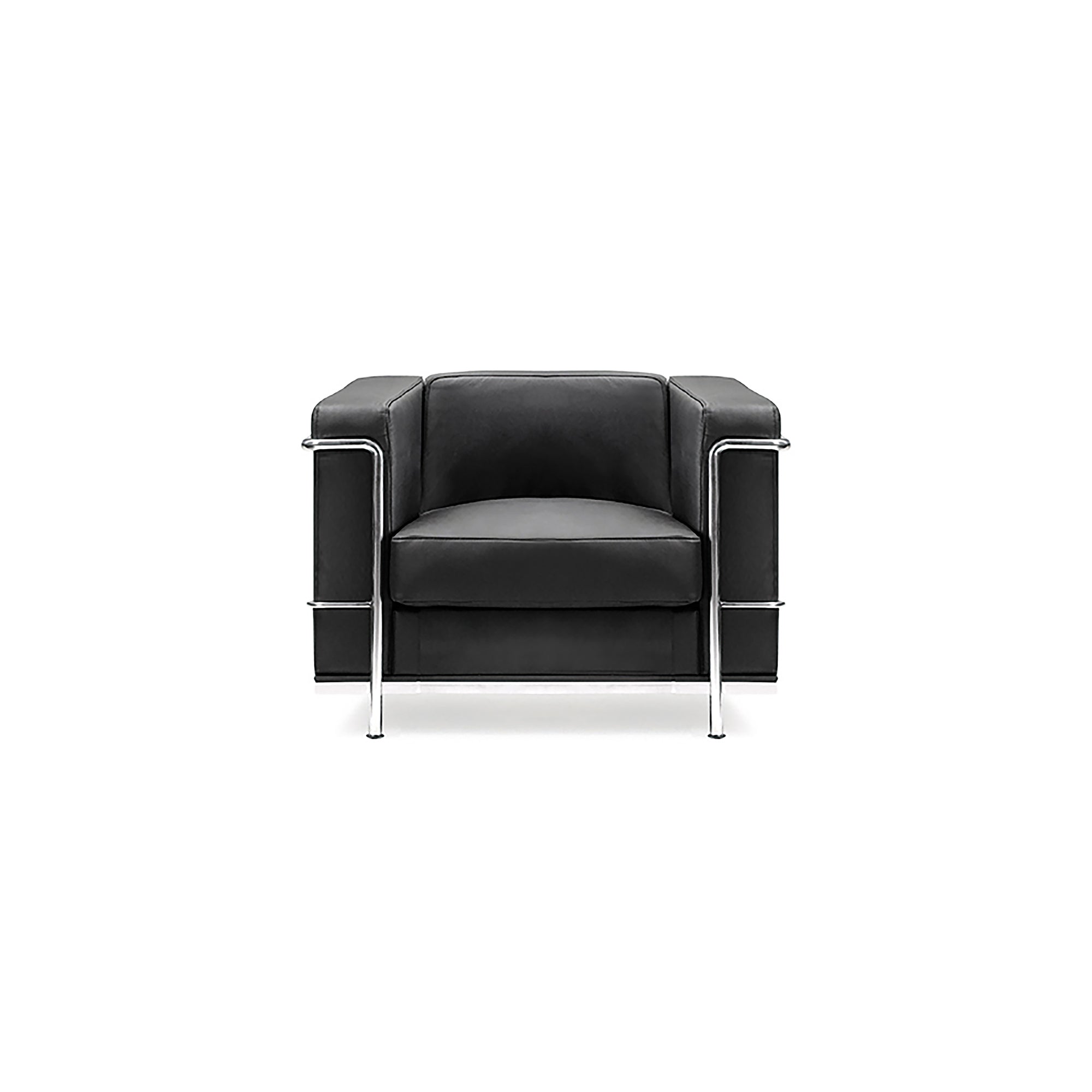 Black leather armchair with chrome frame on a white background