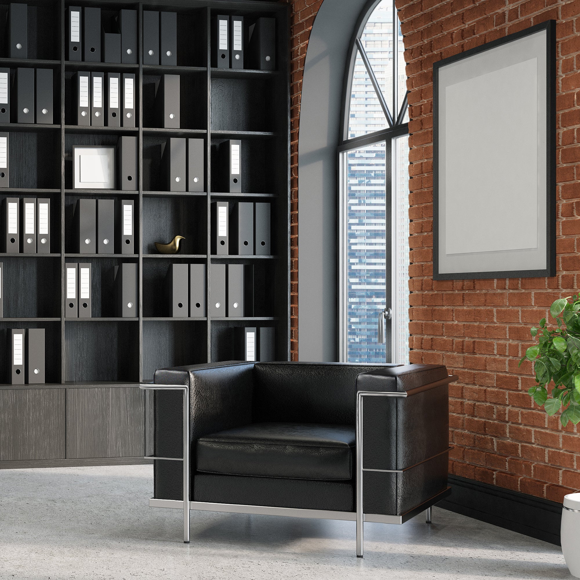 Modern office interior with black leather chair, bookshelf, and large window.