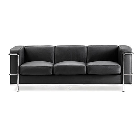 Black leather sofa with chrome frame on a white background