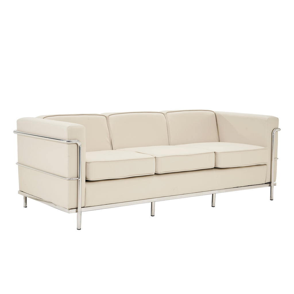 Beige sofa with chrome frame on a white background