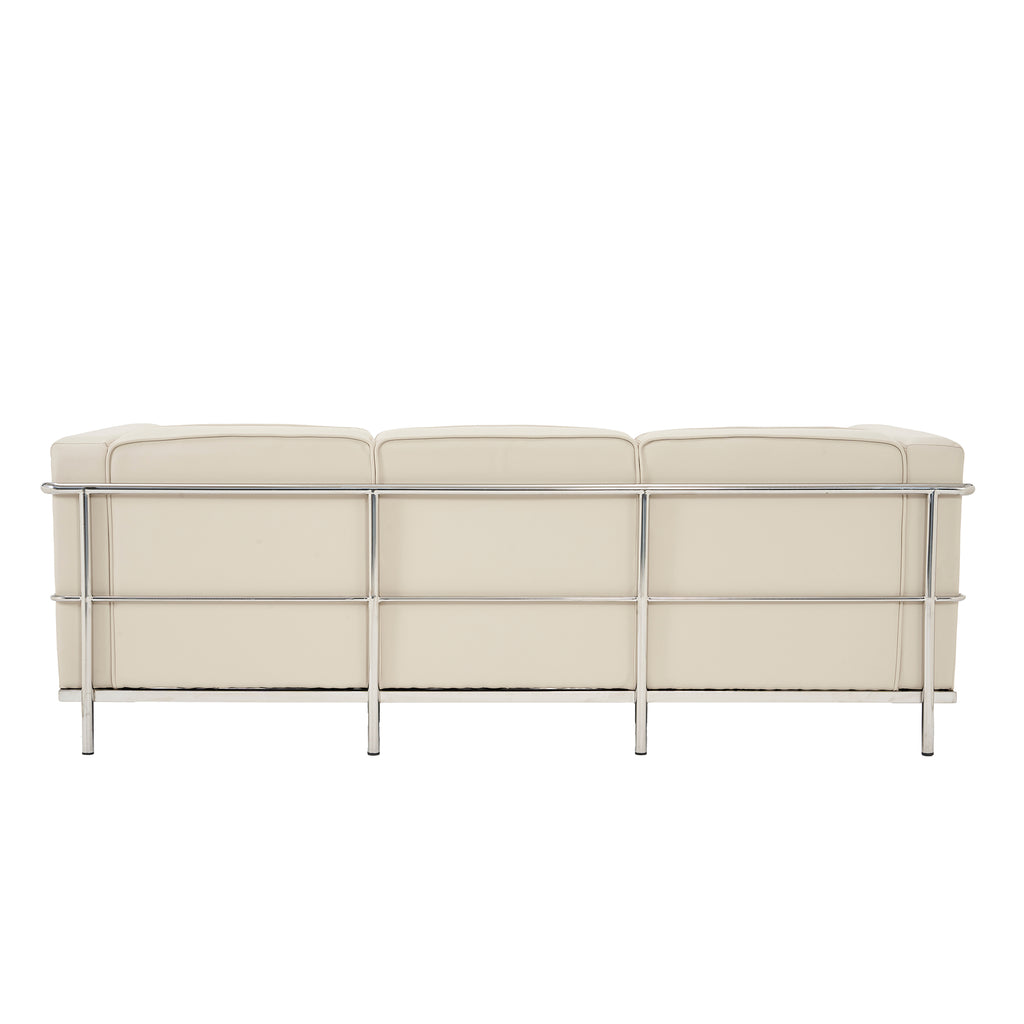 Beige sofa with chrome frame on a white background