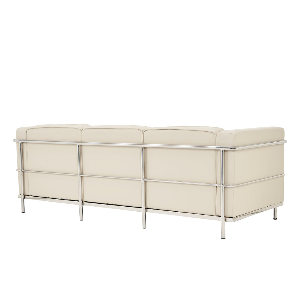 Beige sofa with chrome frame on a white background