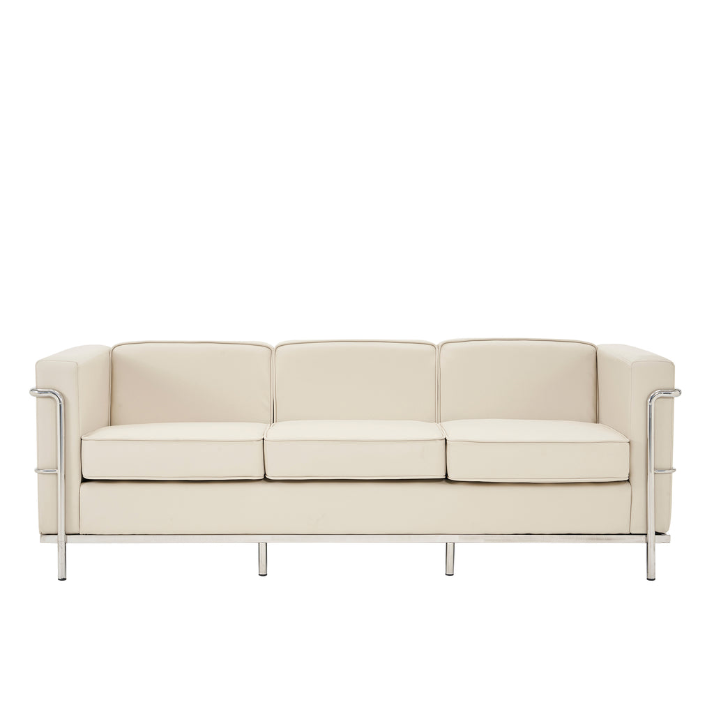 Beige sofa with chrome frame on a white background