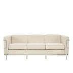 Beige sofa with chrome frame on a white background