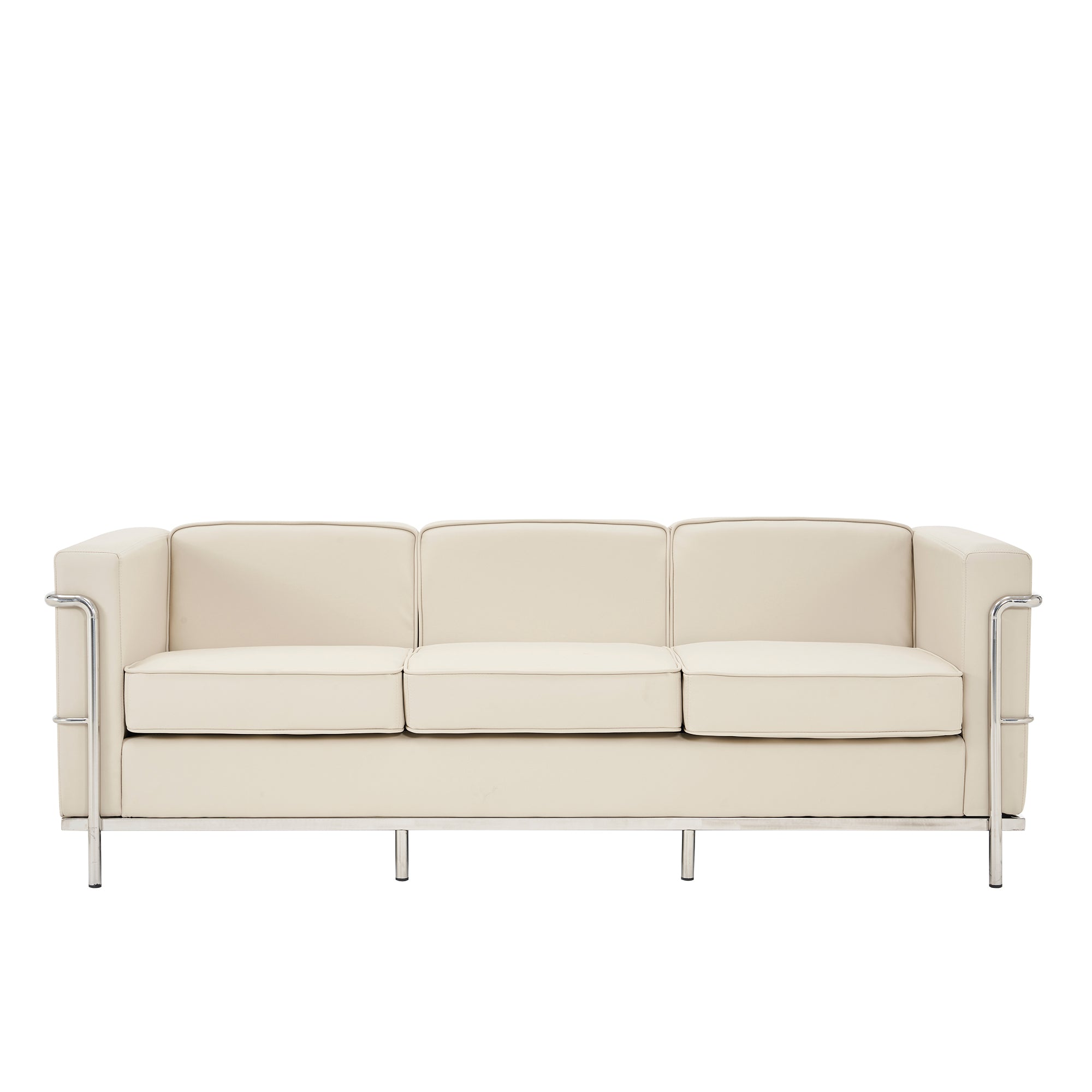 Beige sofa with chrome frame on a white background