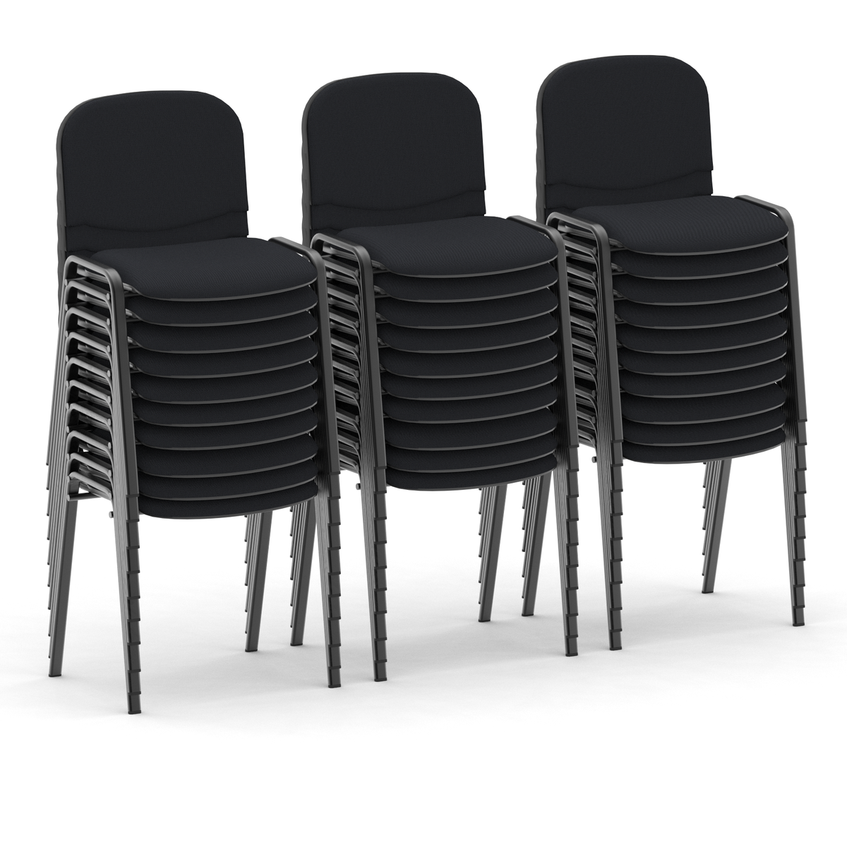 Stack of black chairs on a white background