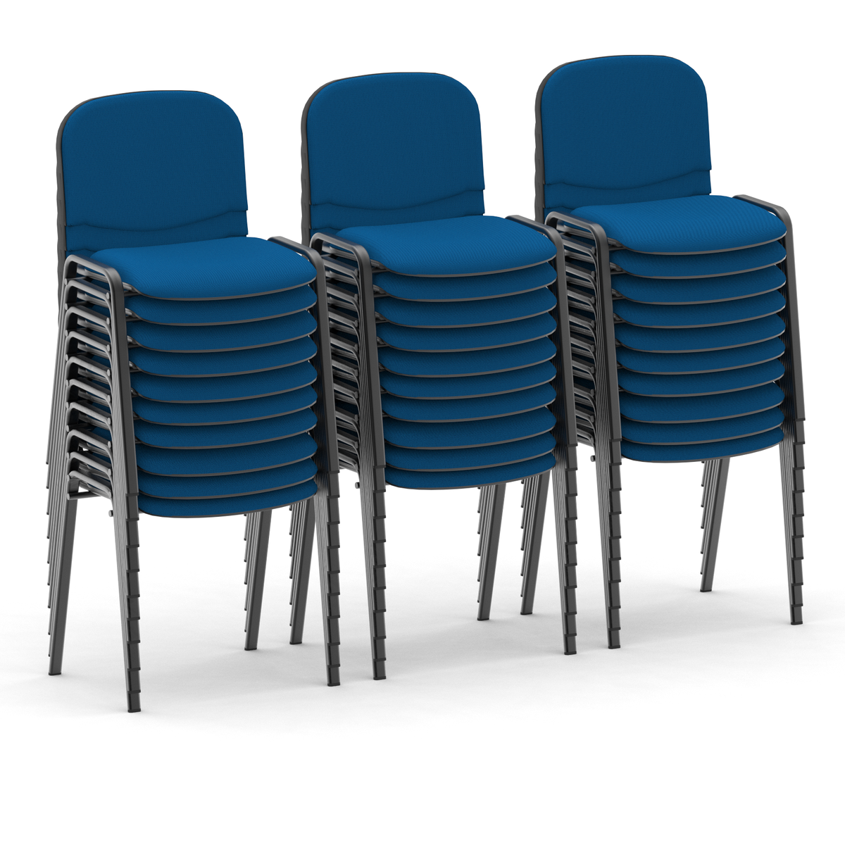 Stacked blue chairs on a white background