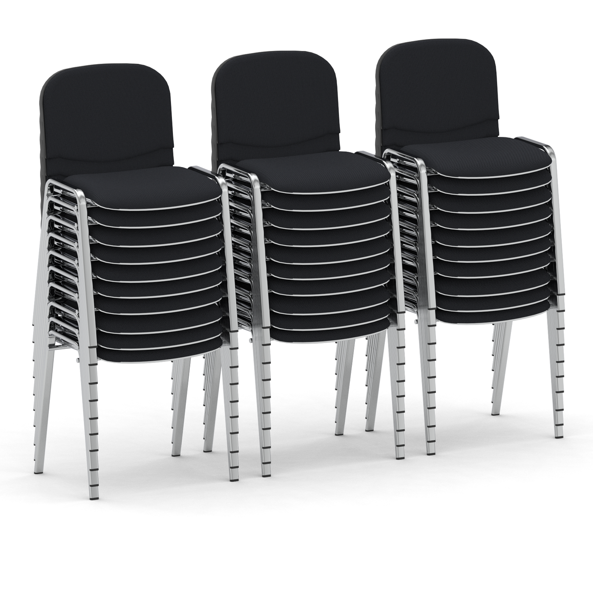 Stack of black chairs on a white background
