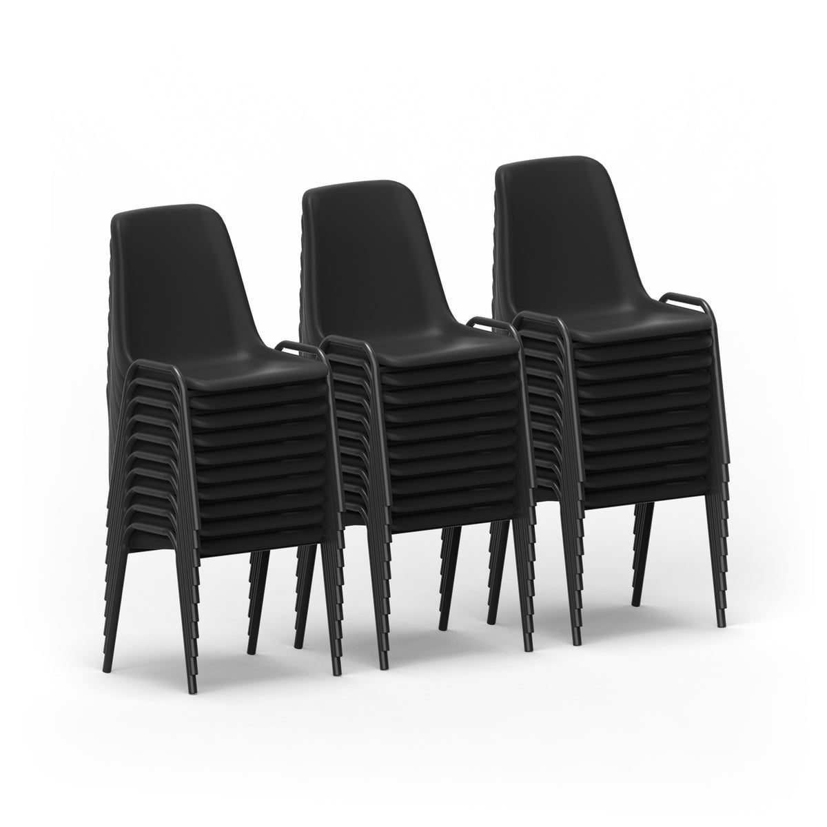 Set of black chairs stacked on a white background
