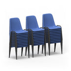 Stacked blue chairs with black legs on a white background