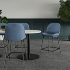 Blue chairs around a round table in a room with green paneling and plants.