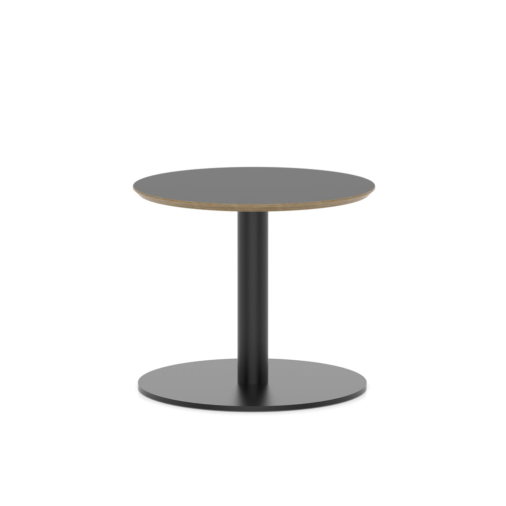 Small round black table with metal frame on a white background