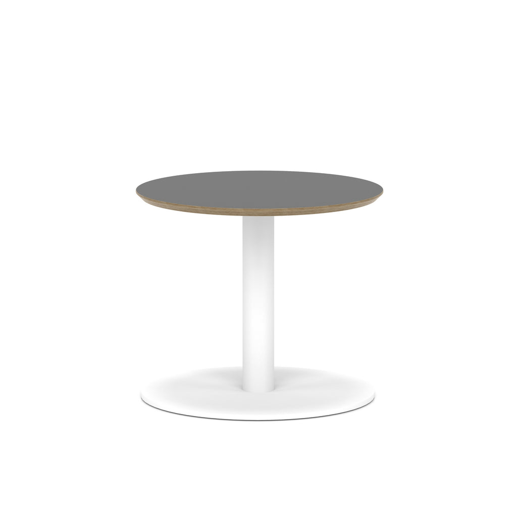 Round table with black top and white metal frame on a white background