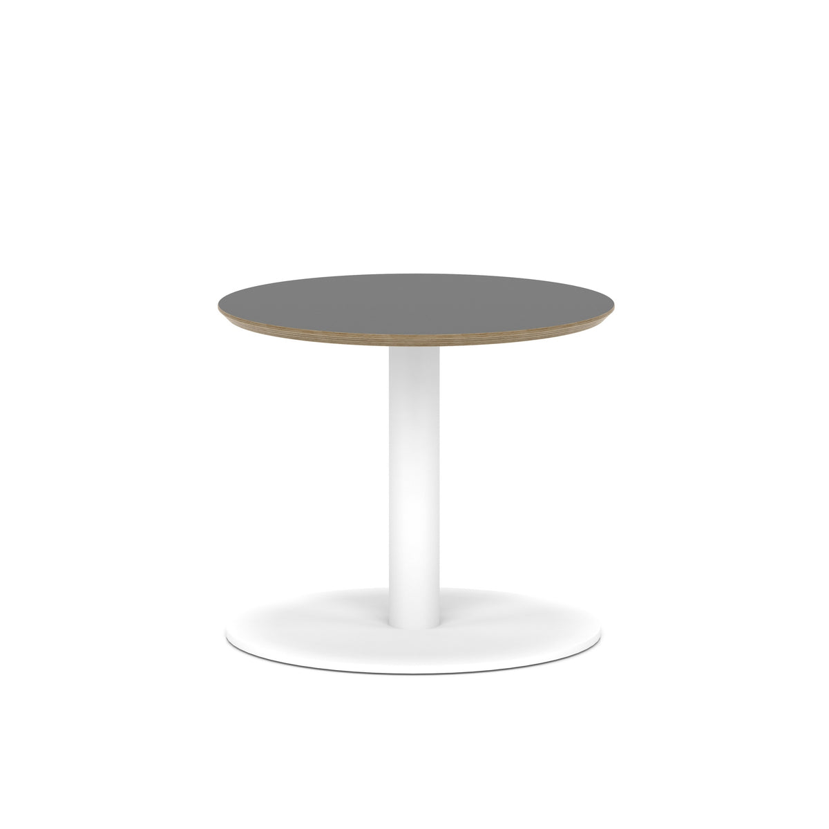Round table with black top and white metal frame on a white background