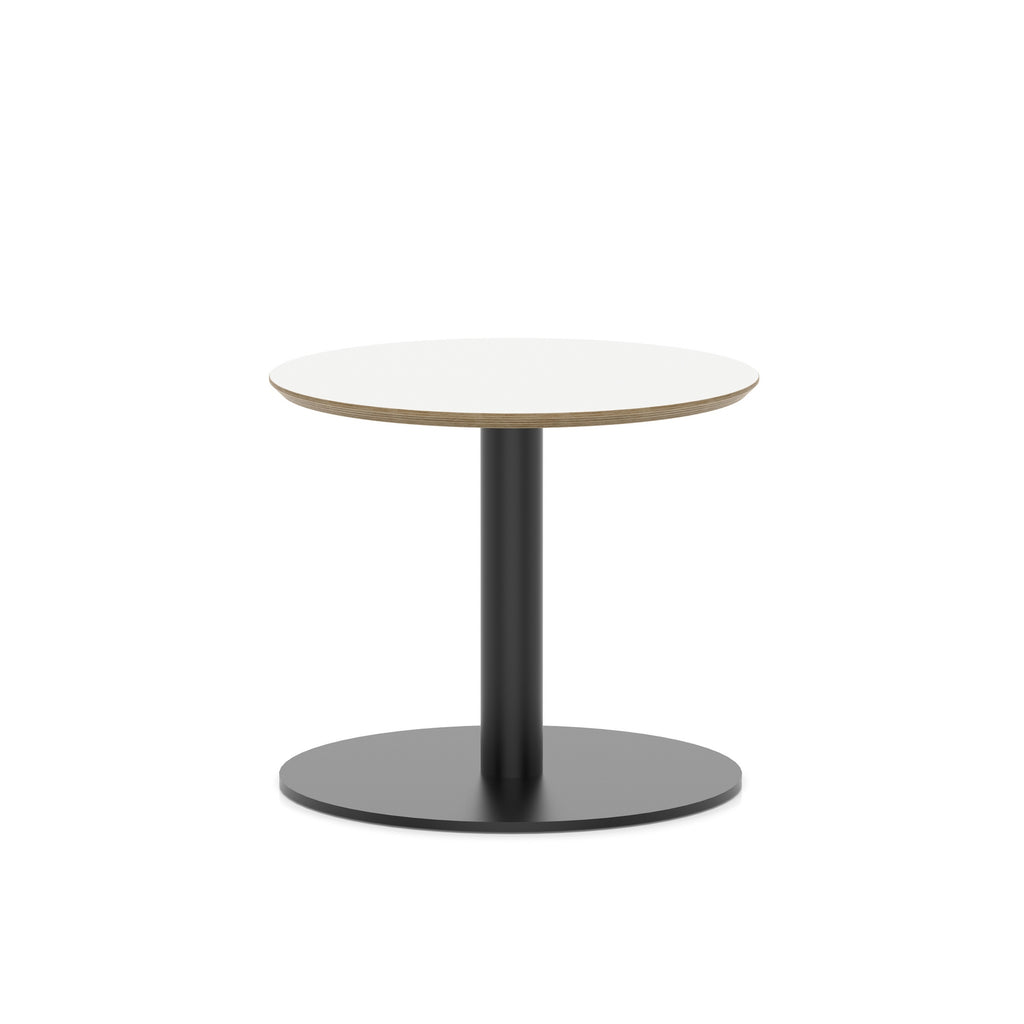 Round table with white top and black metal frame on a white background