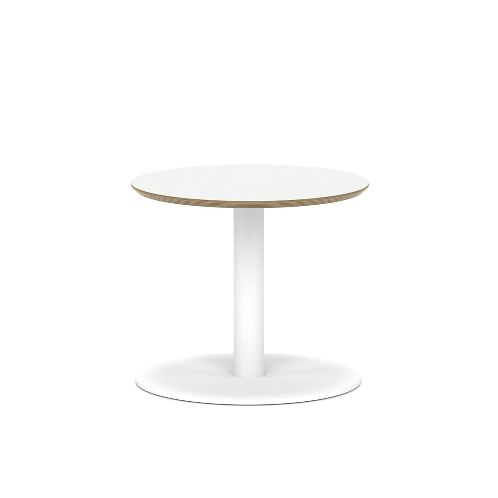 Small round white table with metal frame on a white background