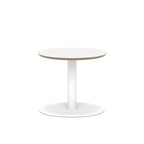 Small round white table with metal frame on a white background
