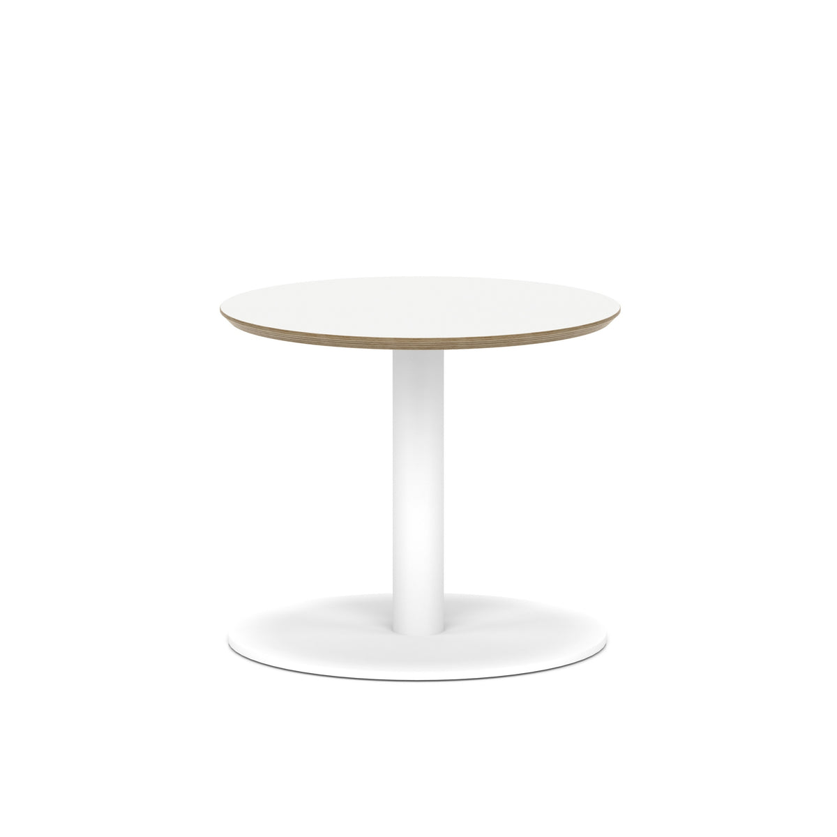 Small round white table with metal frame on a white background