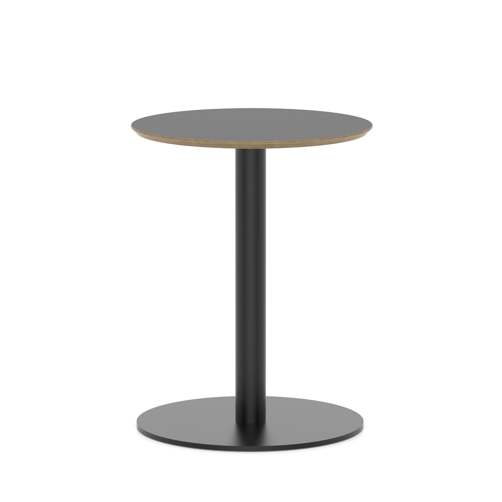 Round black table with metal frame on a white background