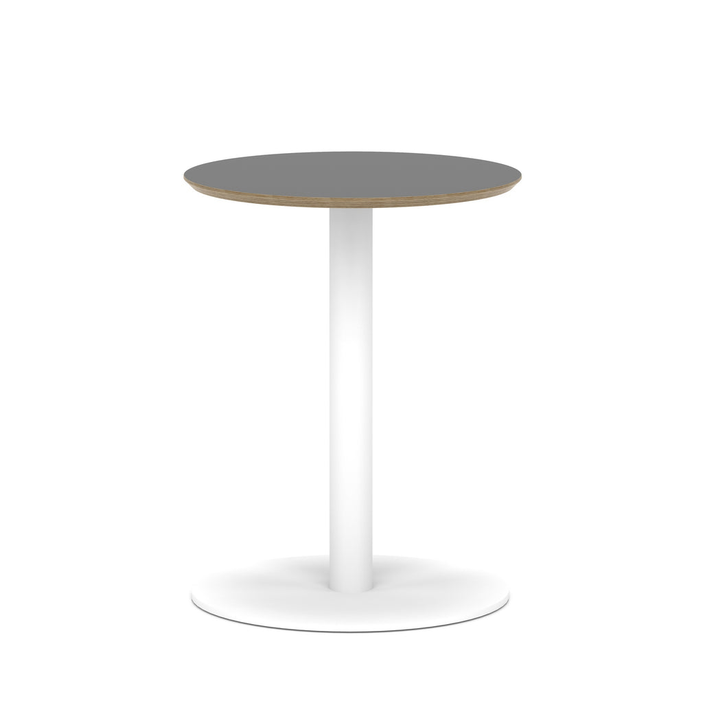 Round table with black top and white metal frame on a white background