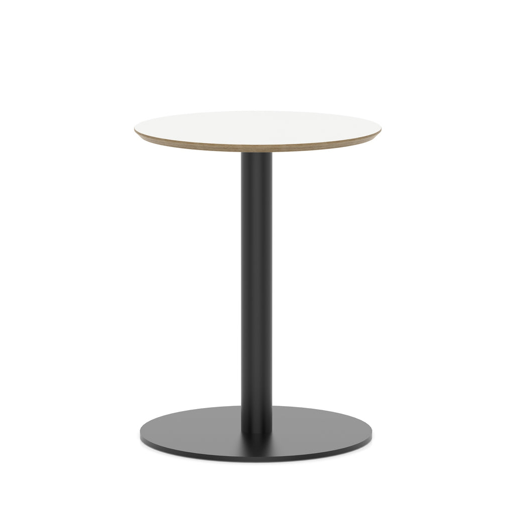Round table with white top and black metal frame on a white background