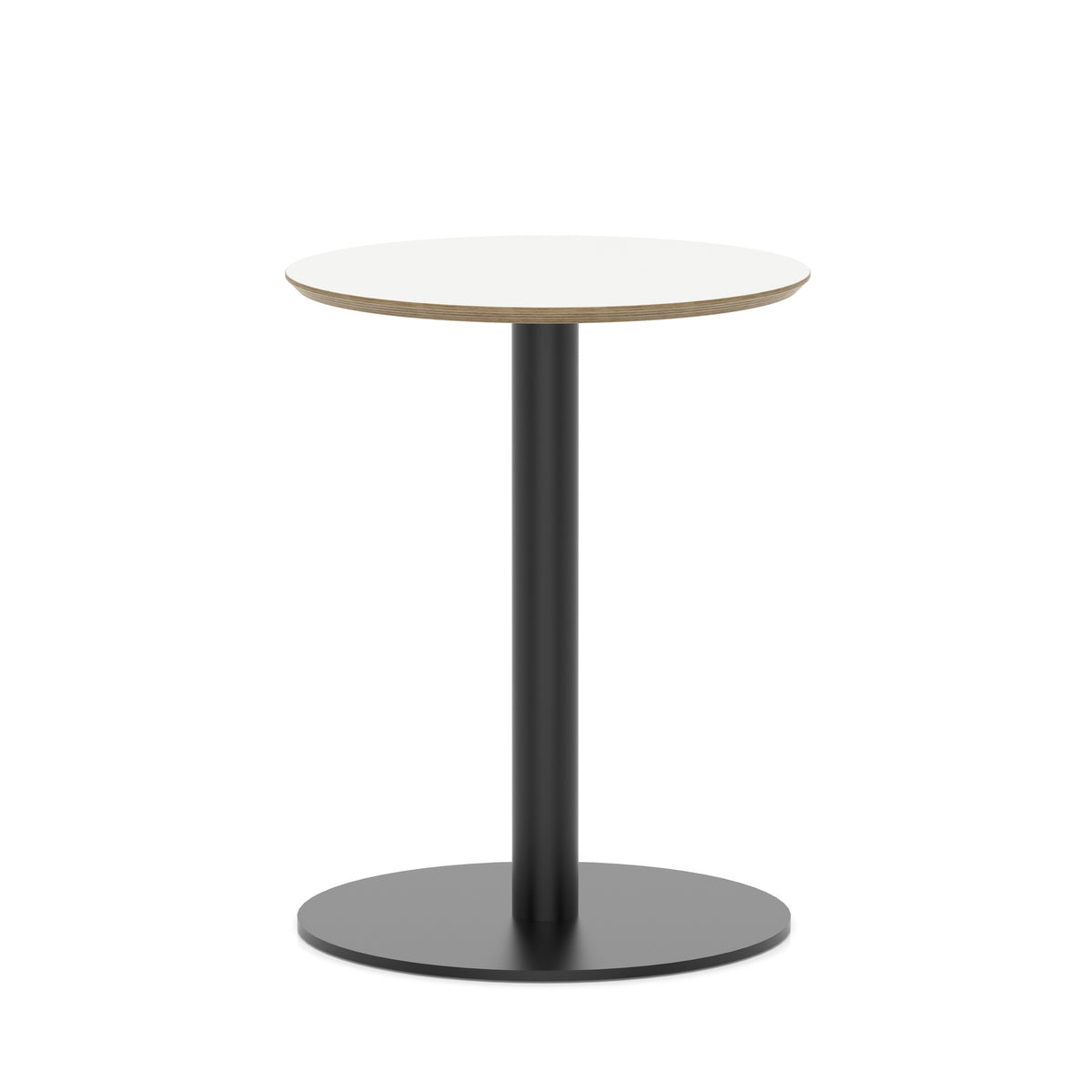 Round table with white top and black metal frame on a white background
