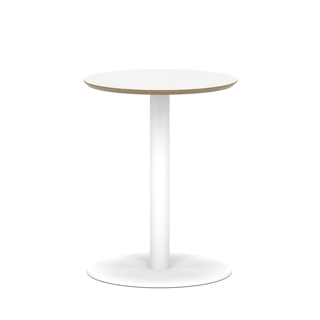 Small round white table with metal frame on a white background