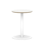 Small round white table with metal frame on a white background