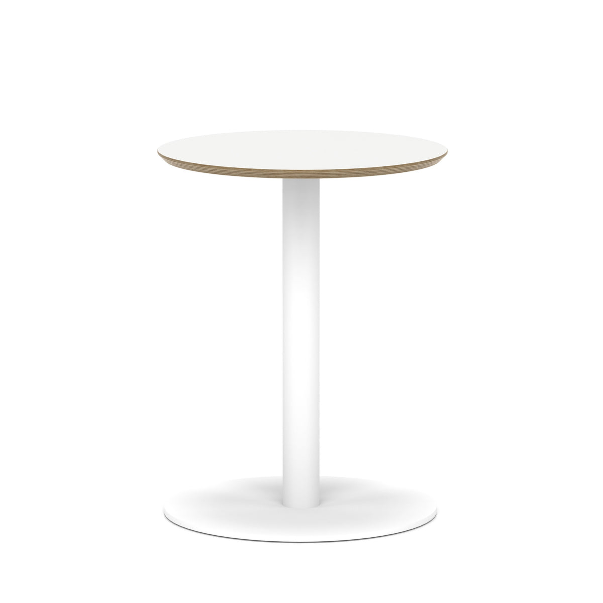 Small round white table with metal frame on a white background
