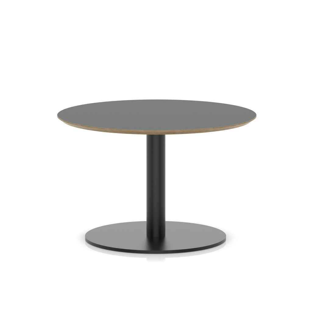 Small round black table with metal frame on a white background