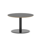 Small round black table with metal frame on a white background
